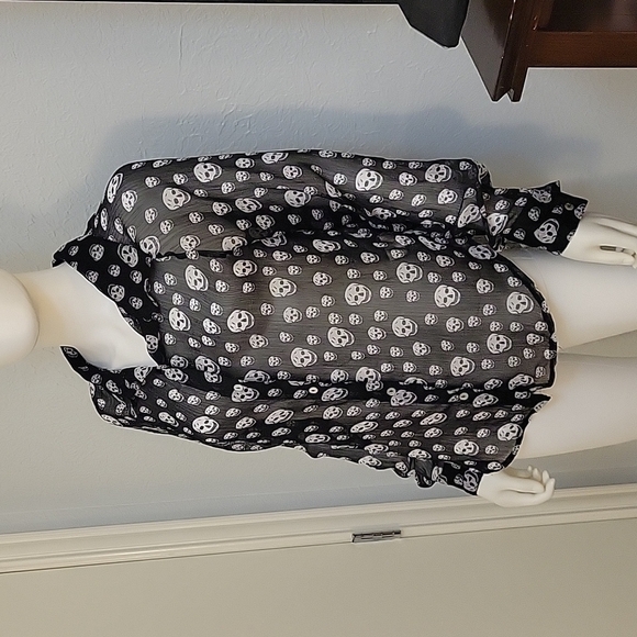 COOLWEAR Goth Skelton Gasparilla Sheer Button Down Hi-Low Cover-up Shirt - Picture 2 of 7